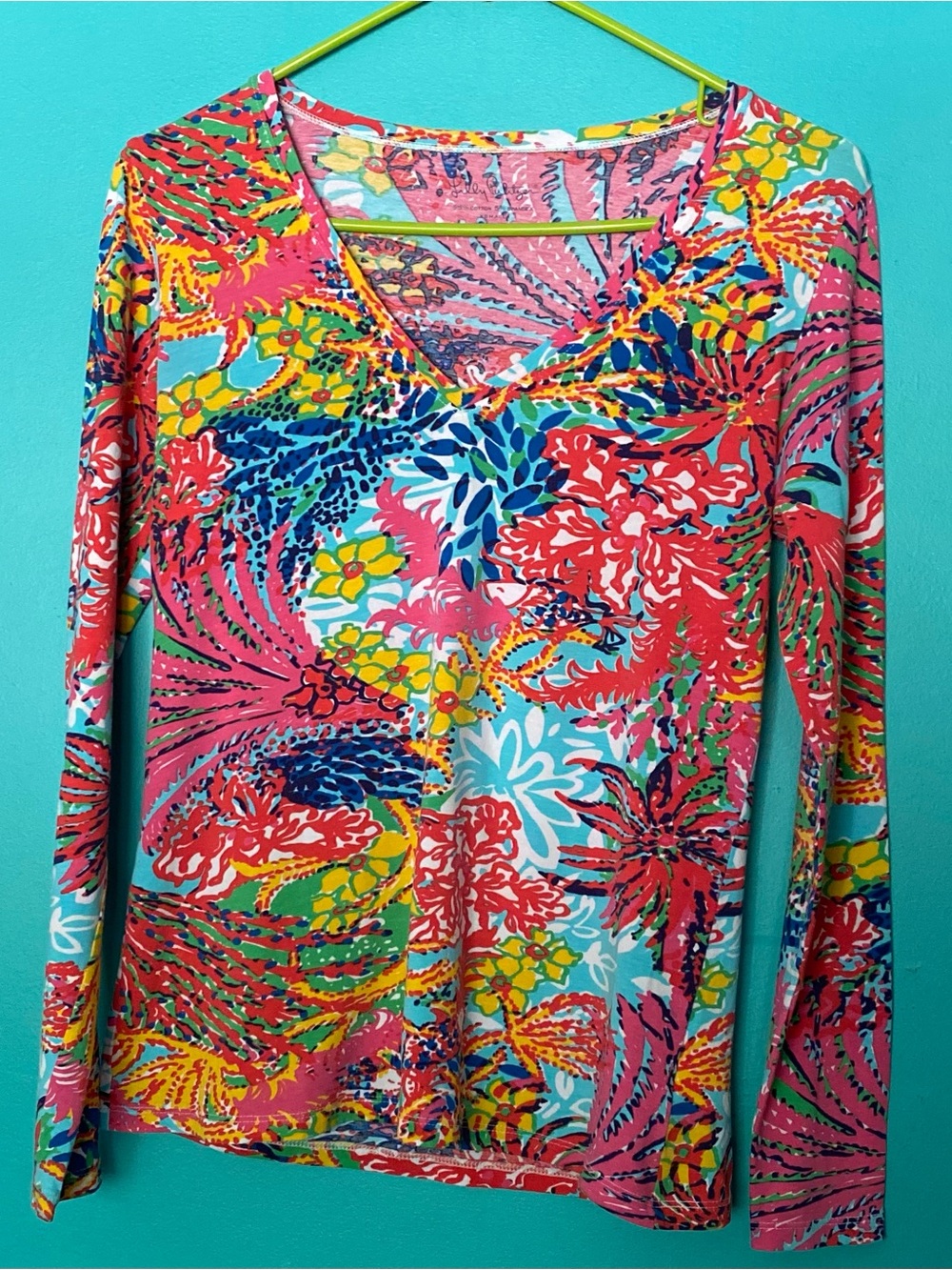 Lilly Pulitzer Pink Floral-Print Long Sleeve Tee with Blue & Green Accents XS